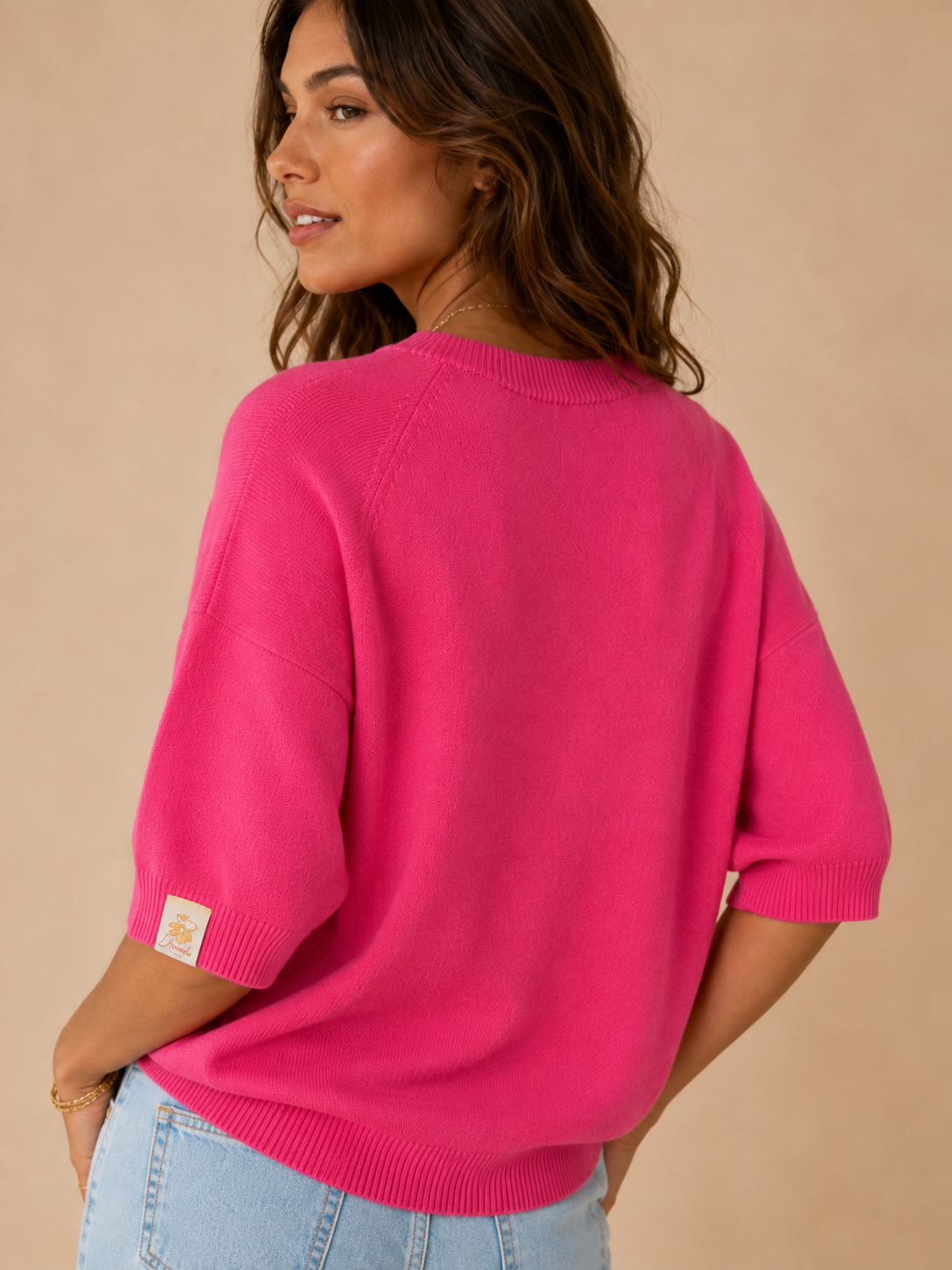 Pull col rond rose manches courtes LOUNAE