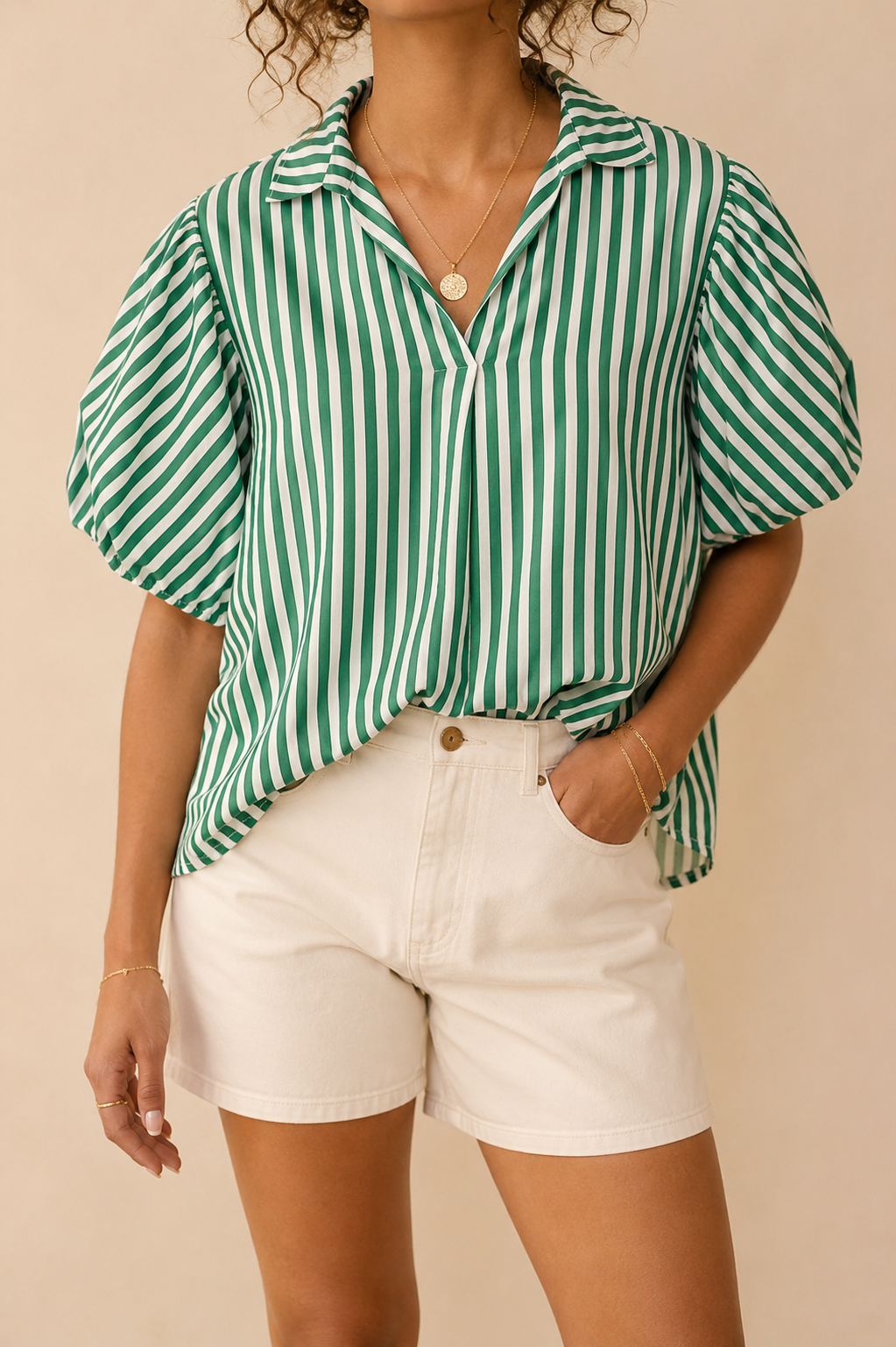 Blouse verte et blanche rayée en coton LOUNAE