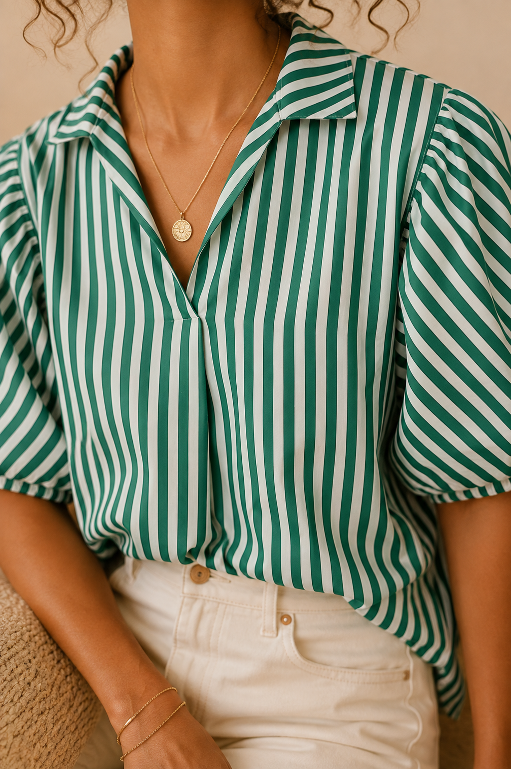 Blouse verte et blanche rayée en coton LOUNAE