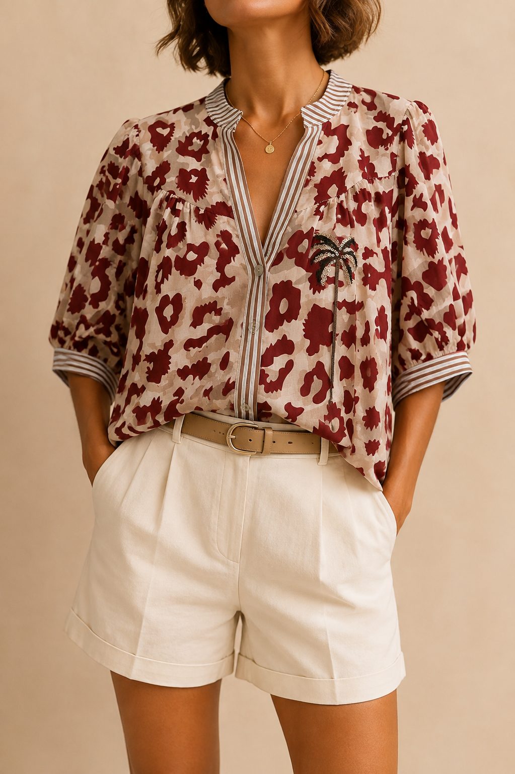 Blouse manches ballon beige et bordeaux en coton LOUNAE