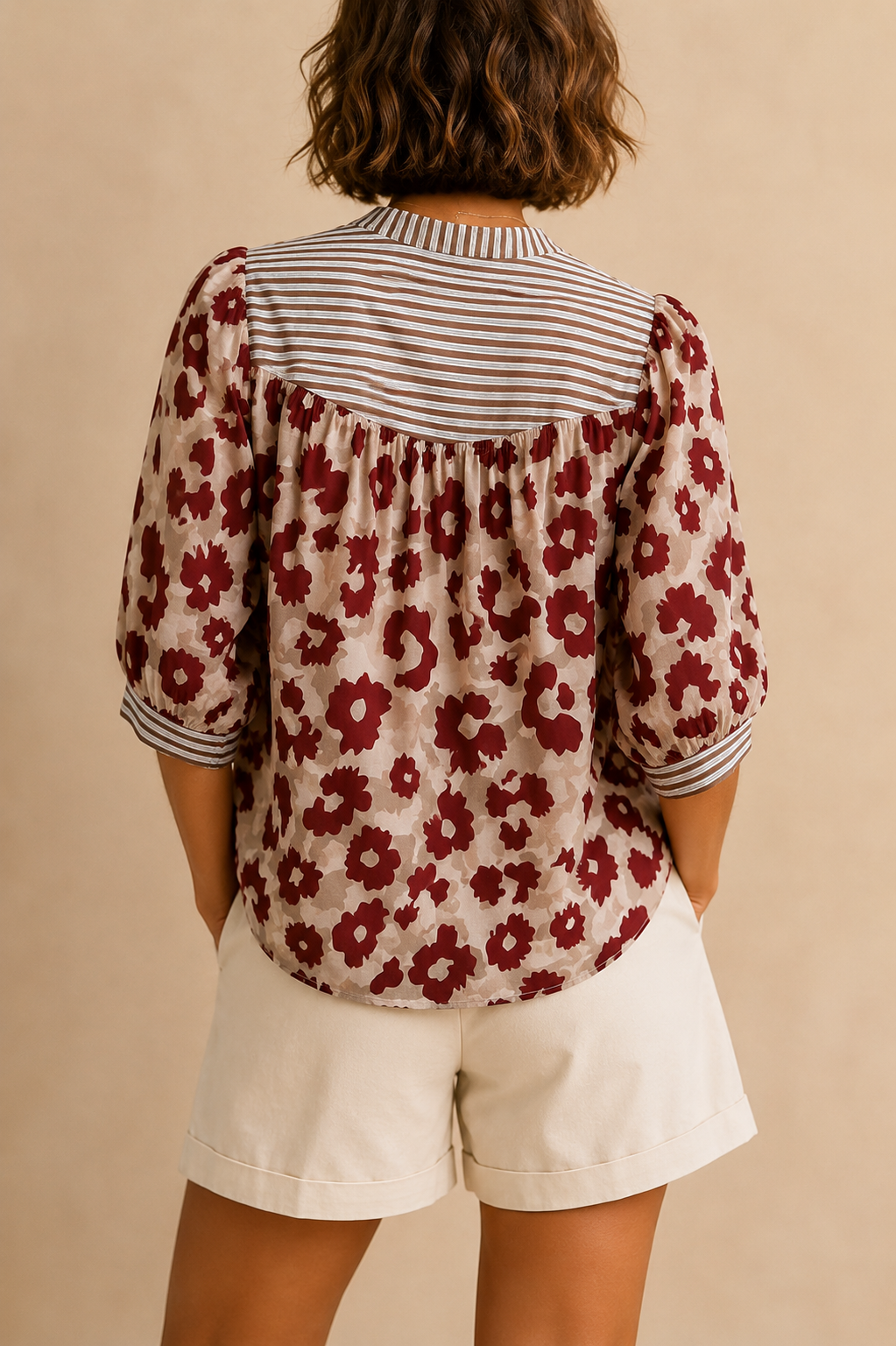 Blouse manches ballon beige et bordeaux en coton LOUNAE