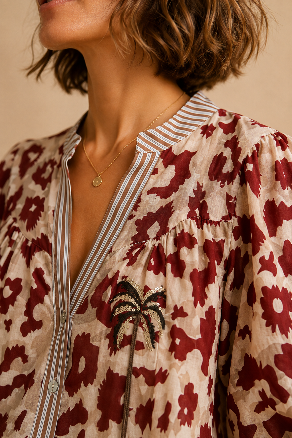 Blouse manches ballon beige et bordeaux en coton LOUNAE