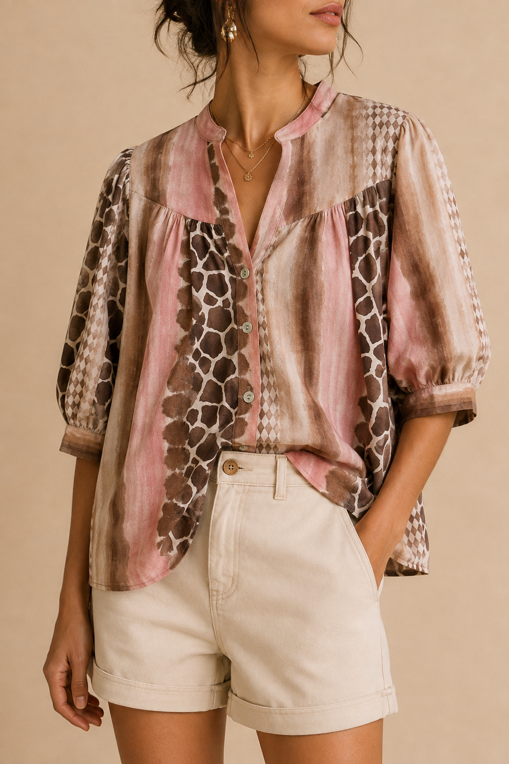 Blouse rose et marron motifs animal en coton LOUNAE