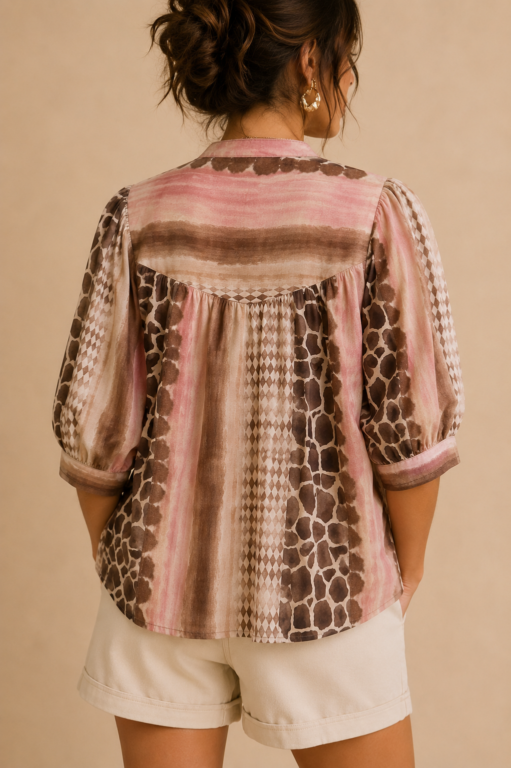 Blouse rose et marron motifs animal en coton LOUNAE