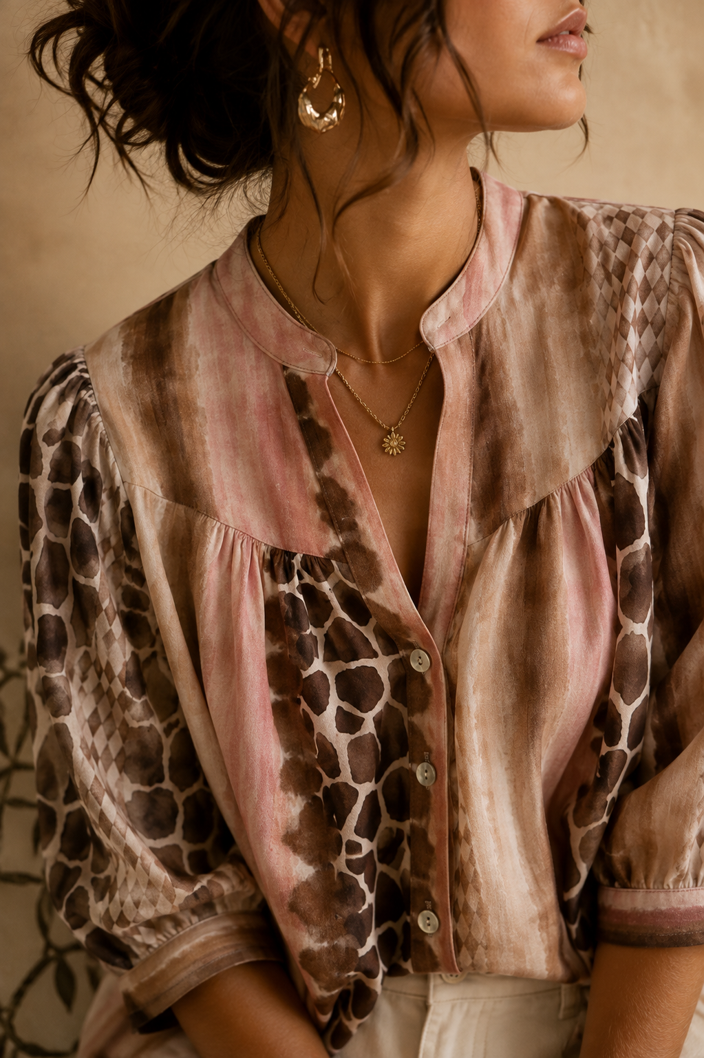 Blouse rose et marron motifs animal en coton LOUNAE