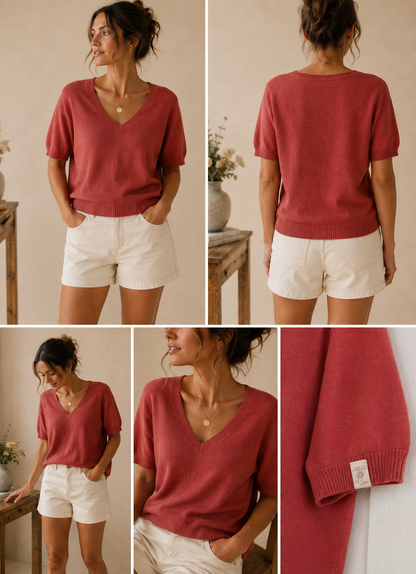 Pull terracotta col V LOUNAE, tissu en maille fine