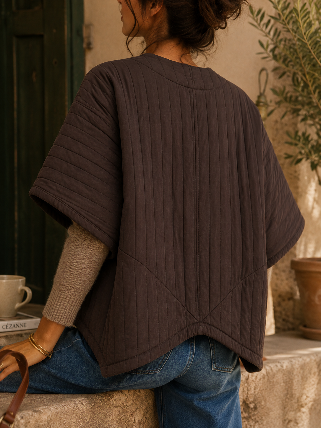 Veste kimono manches courtes marron en coton LOUNAE