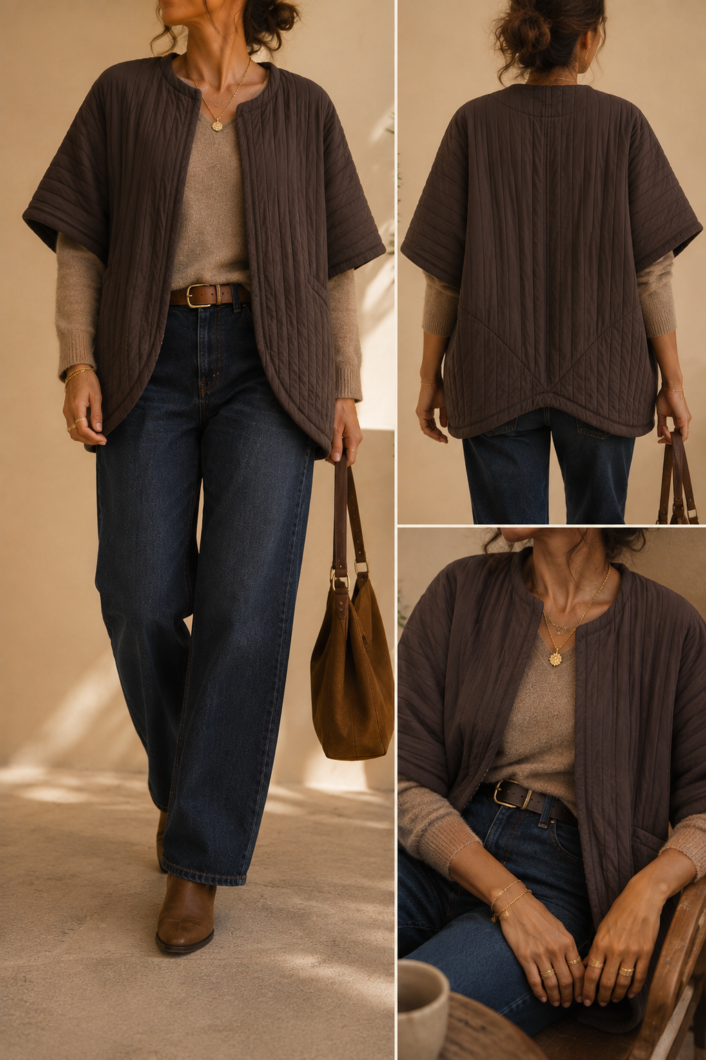 Veste kimono manches courtes marron en coton LOUNAE