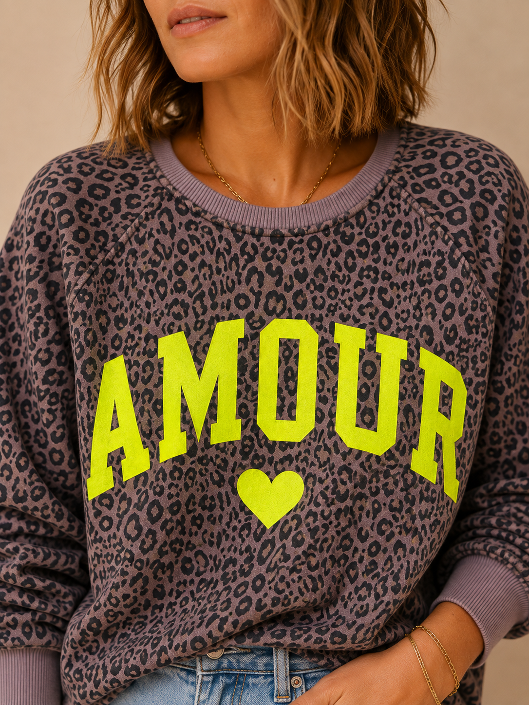 Sweat taupe léopard logo amour en coton taille unique LOUNAE