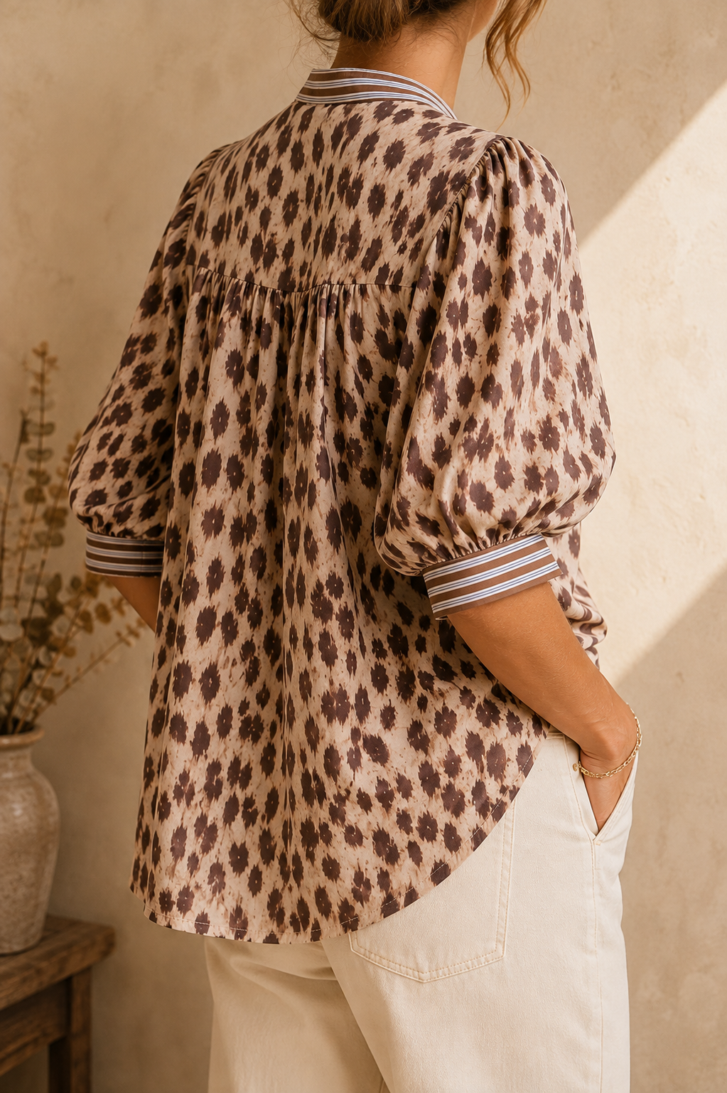 Chemise beige marron leopard manches ballon taille unique LOUNAE