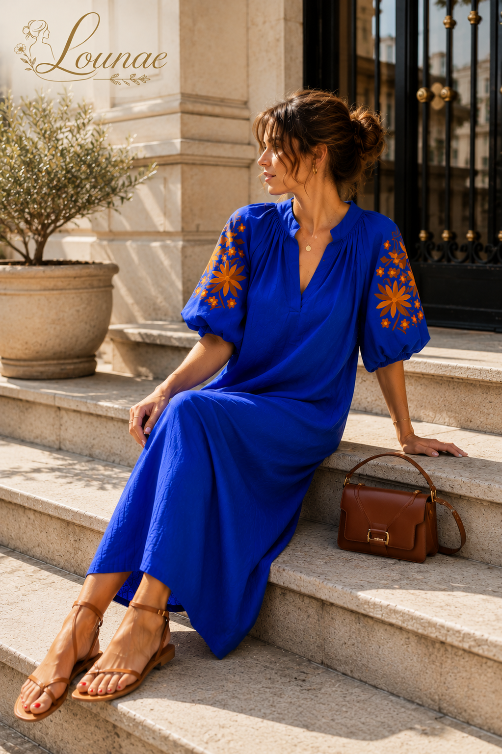 Robe longue bohème bleue  en coton - taille unique LOUNAE