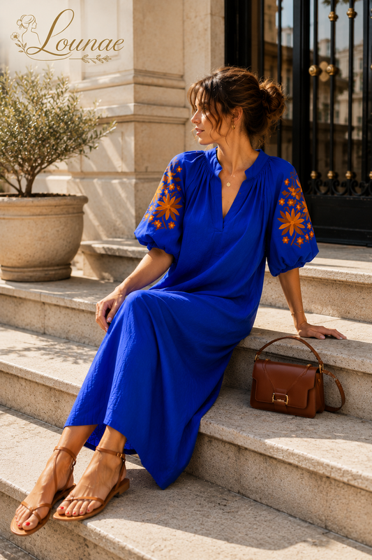 Robe longue bohème bleue  en coton - taille unique LOUNAE