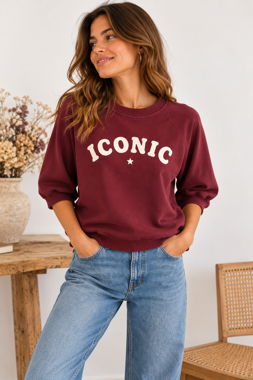 Sweat Femme Oversize Bordeaux Iconic Blanc – 100 % Coton LOUNAE