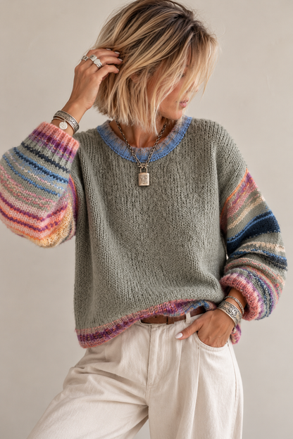 Pull Color Pop Rayé Maille Kaki Clair Contrastée LOUNAE