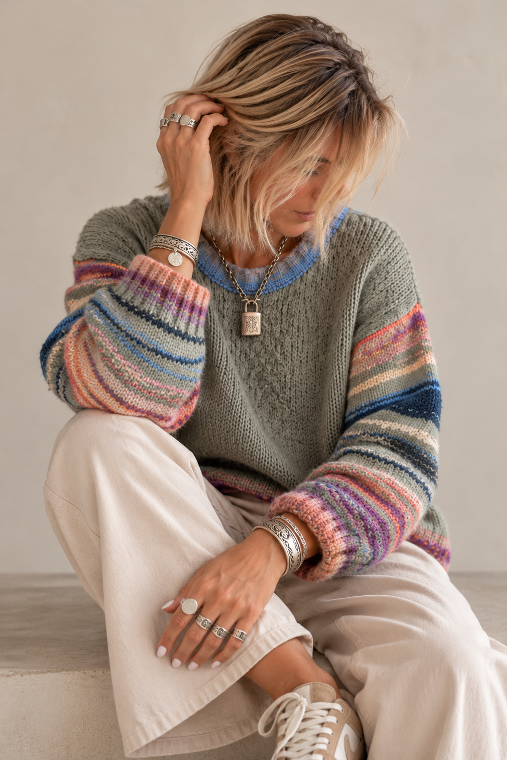 Pull Color Pop Rayé Maille Kaki Clair Contrastée LOUNAE