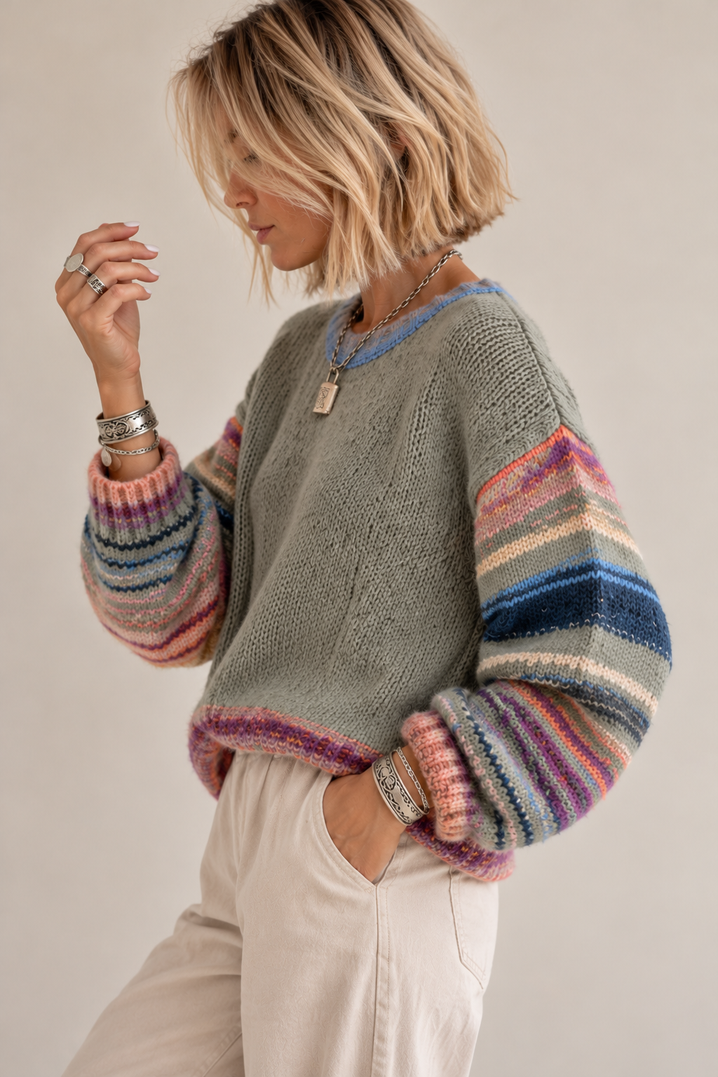 Pull Color Pop Rayé Maille Kaki Clair Contrastée LOUNAE