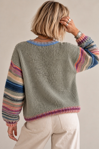 Pull Color Pop Rayé Maille Kaki Clair Contrastée LOUNAE