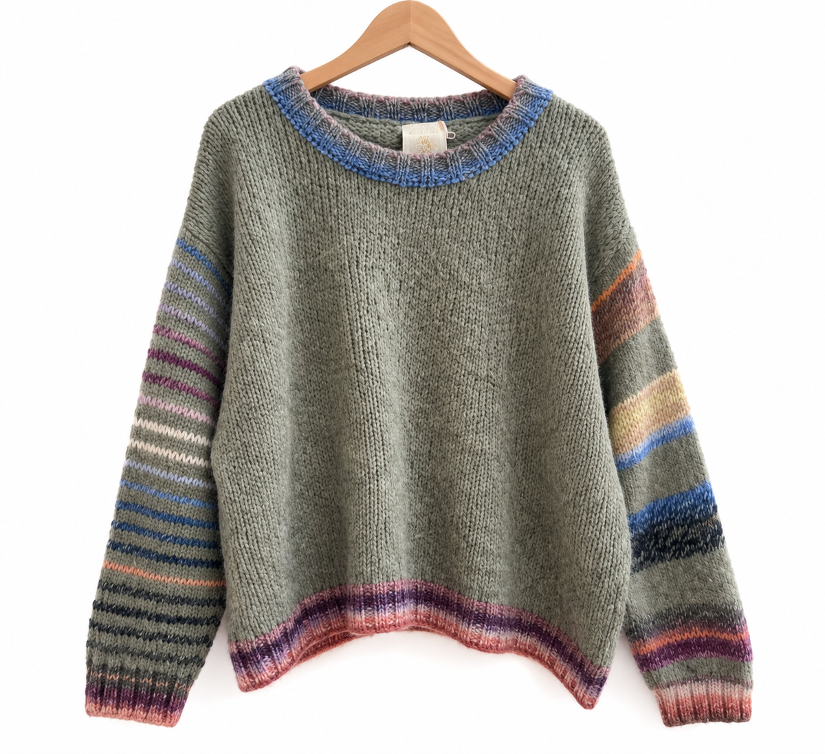 Pull Color Pop Rayé Maille Kaki Clair Contrastée LOUNAE