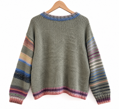 Pull Color Pop Rayé Maille Kaki Clair Contrastée LOUNAE