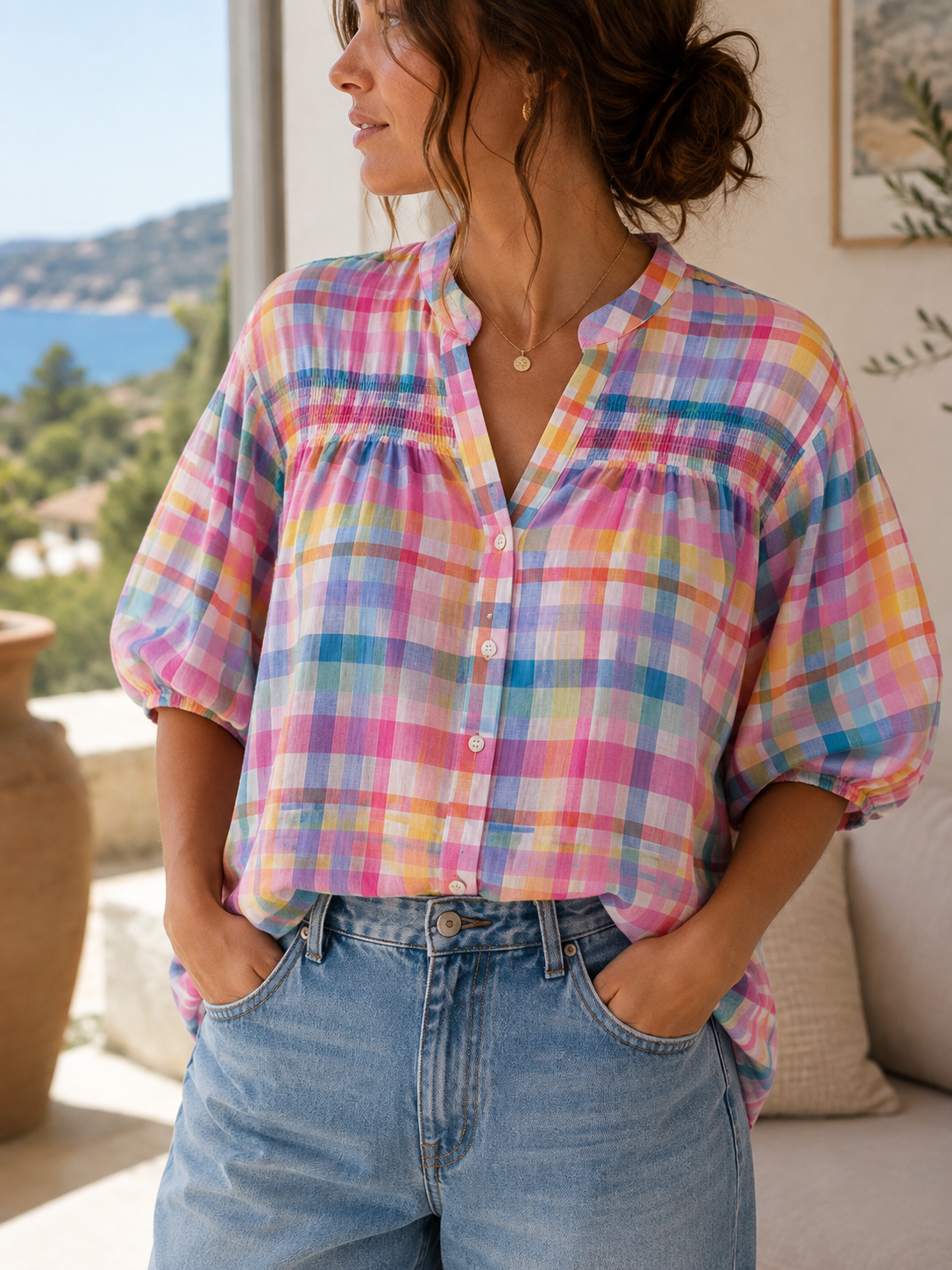 Blouse carreaux multicolores manches ballon LOUNAE