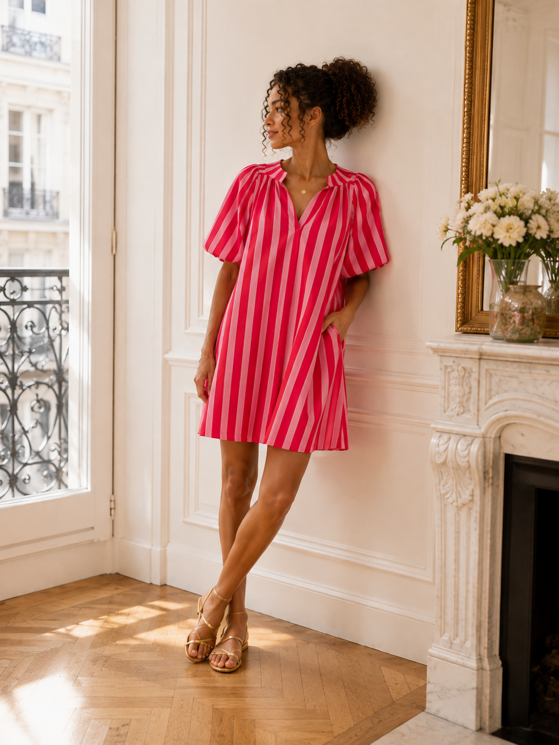 Robe rayée manches ballon LOUNAE
