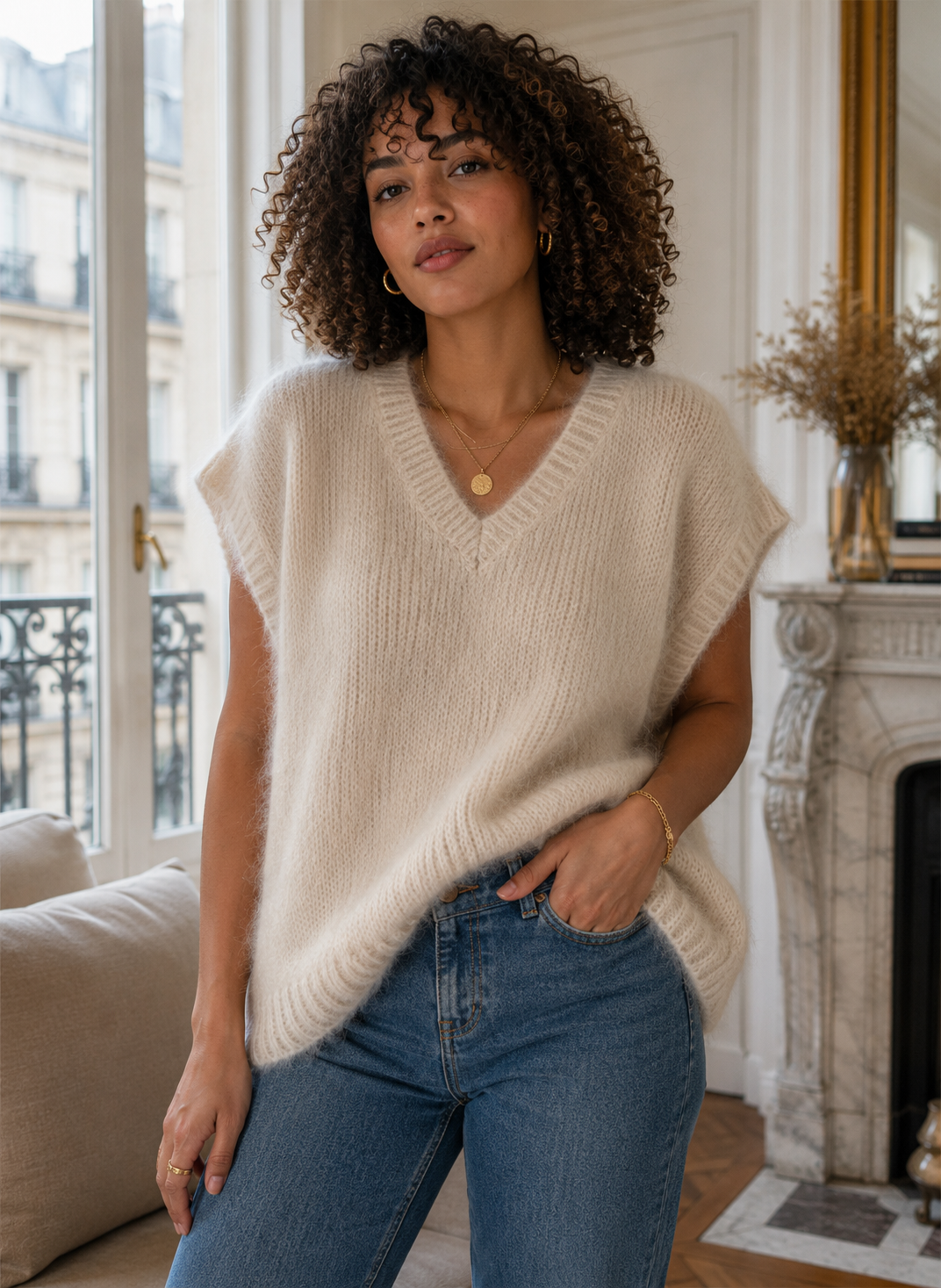 Pull beige manches courtes mohair laine LOUNAE