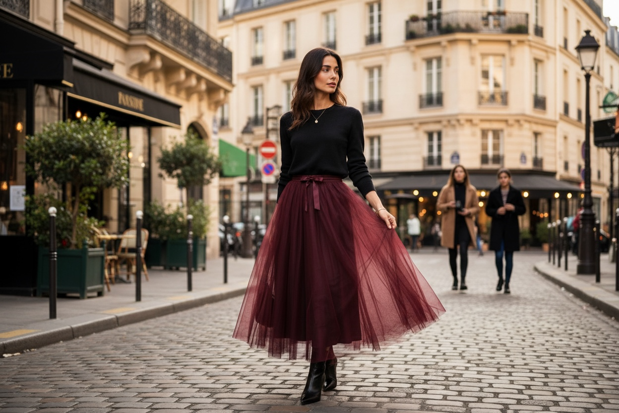 Jupe longue unie bordeaux style tulle LOUNAE