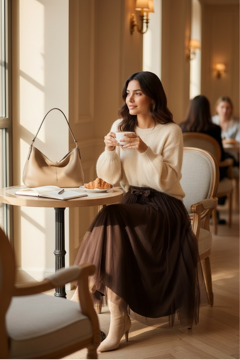 Jupe longue unie chocolat en tulle LOUNAE
