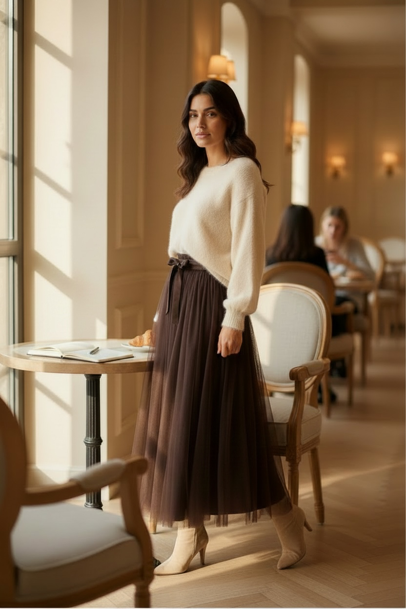 Jupe longue unie chocolat en tulle LOUNAE