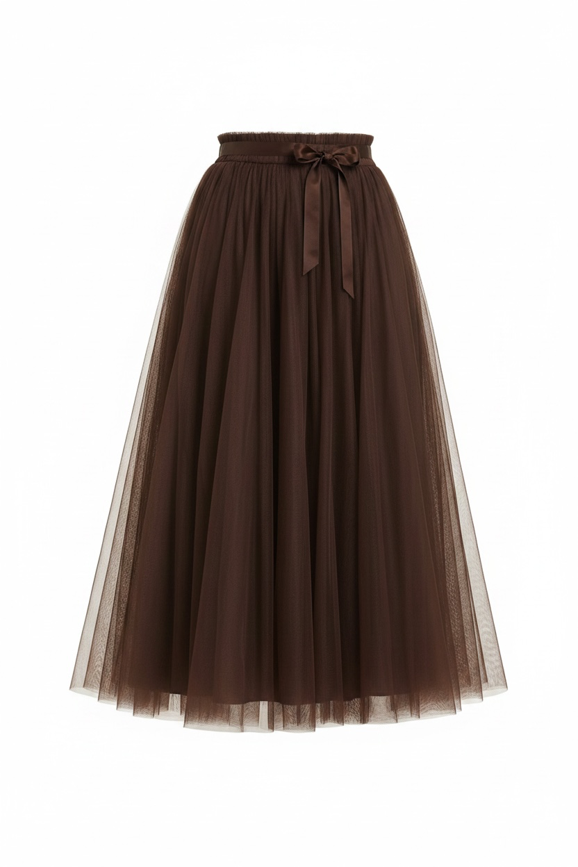 Jupe longue unie chocolat en tulle LOUNAE