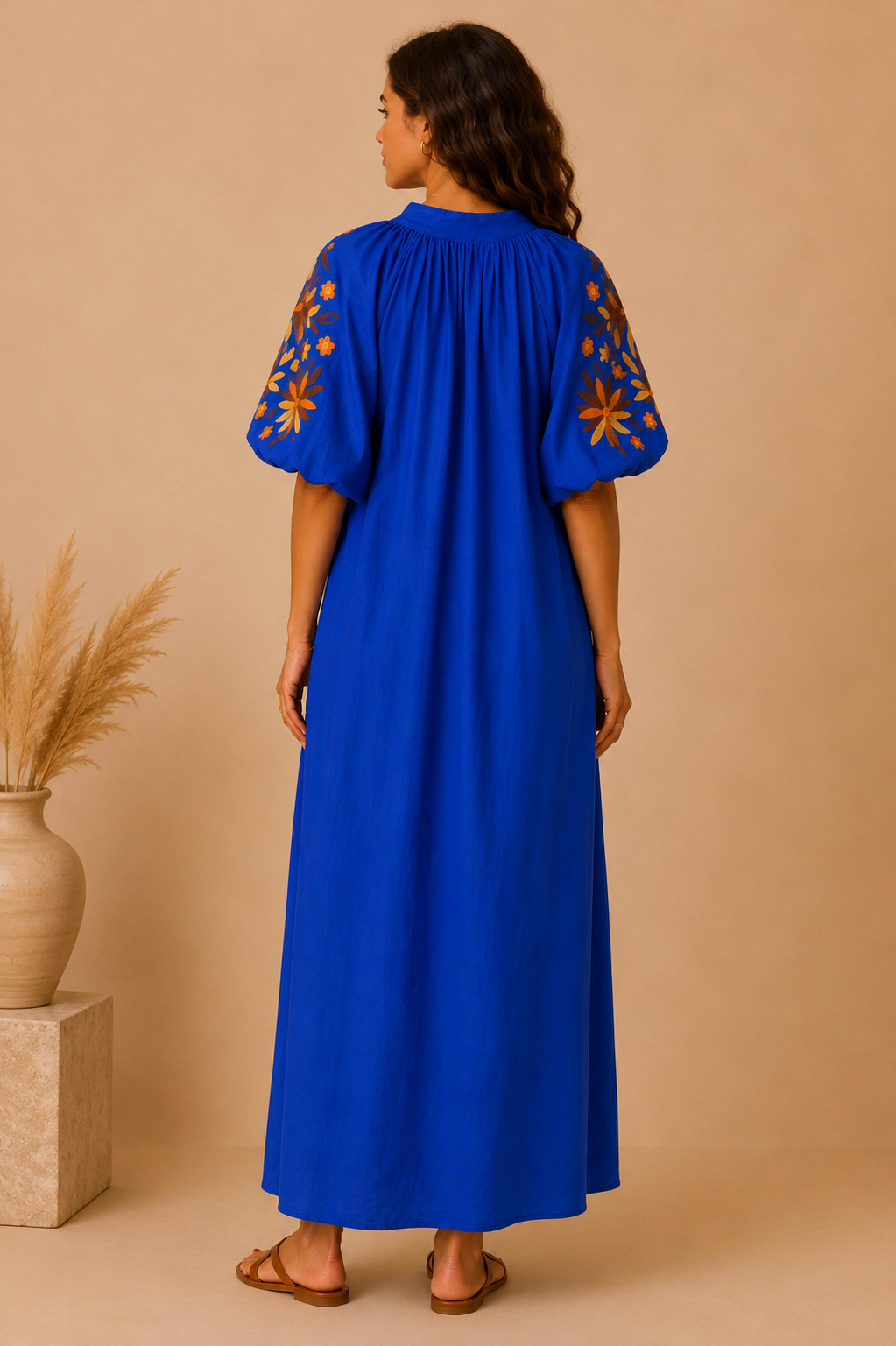 Robe longue bohème bleu roi brodée LOUNAE