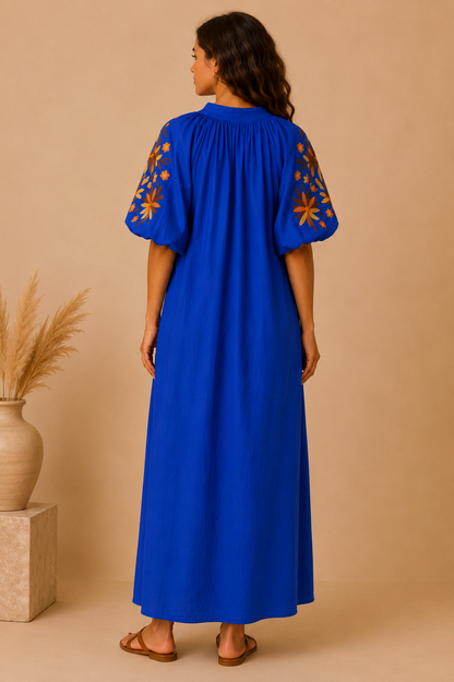Robe longue bohème bleu roi brodée LOUNAE