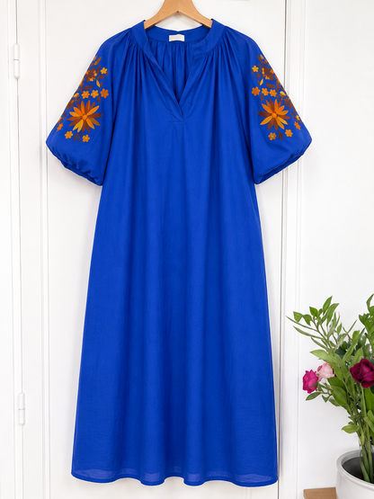 Robe longue bohème bleu roi brodée LOUNAE