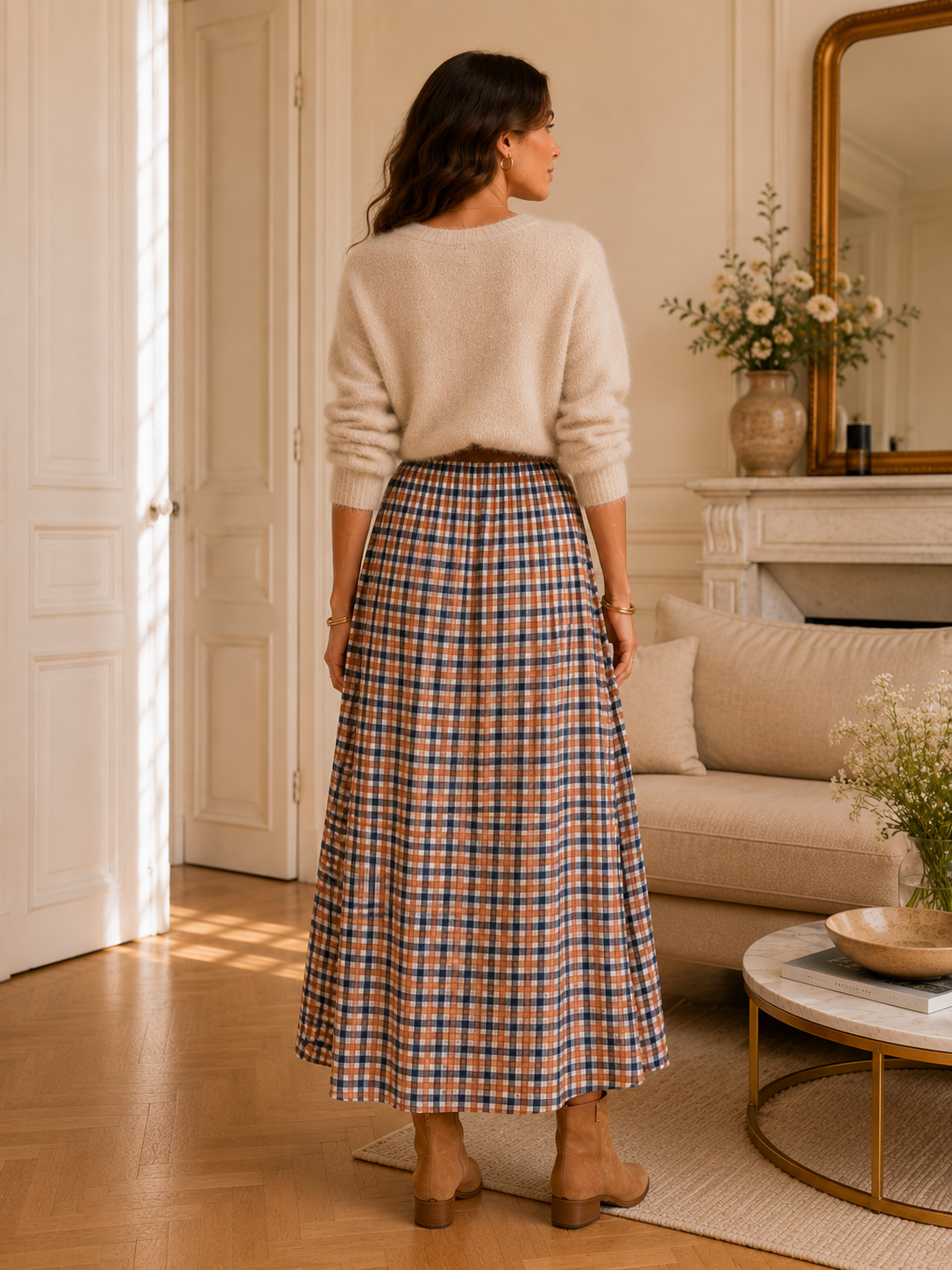 Jupe longue camel & bleue en coton LOUNAE
