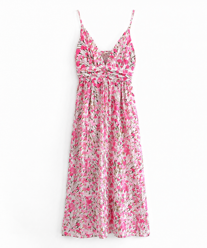 Robe longue rose fleurie dos smocké LOUNAE