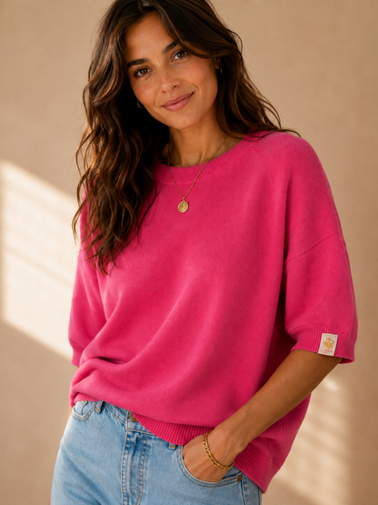 Pull rose col rond manches courtes en maille douce LOUNAE
