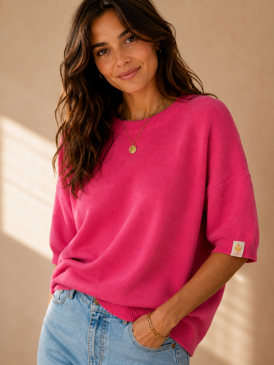 Pull rose col rond manches courtes en maille douce LOUNAE