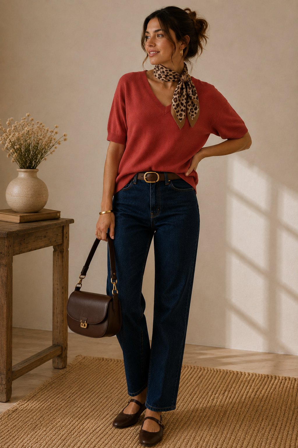Pull terracotta col V LOUNAE, maille fine cuivrée