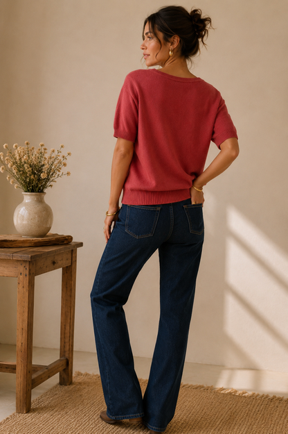 Pull terracotta manches courtes LOUNAE en viscose polyamide polyester