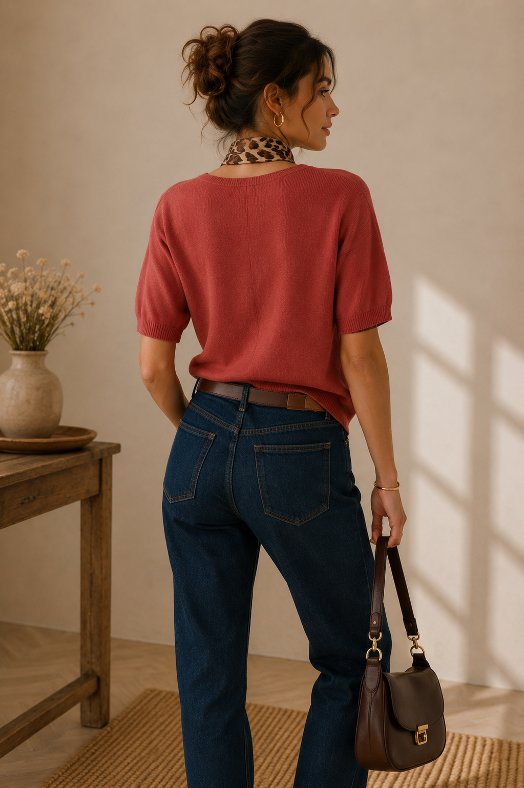 Pull terracotta manches courtes LOUNAE porté