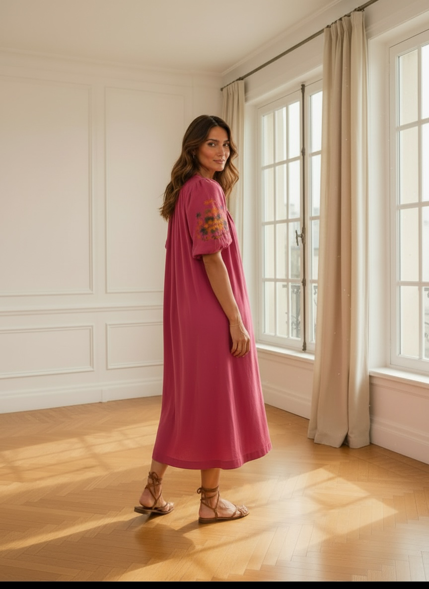 Robe longue bohème terracotta brodée LOUNAE