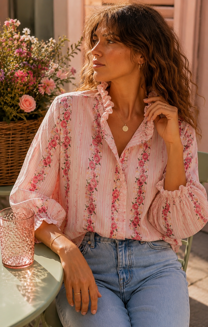 Chemise rose fleurie manches longues LOUNAE