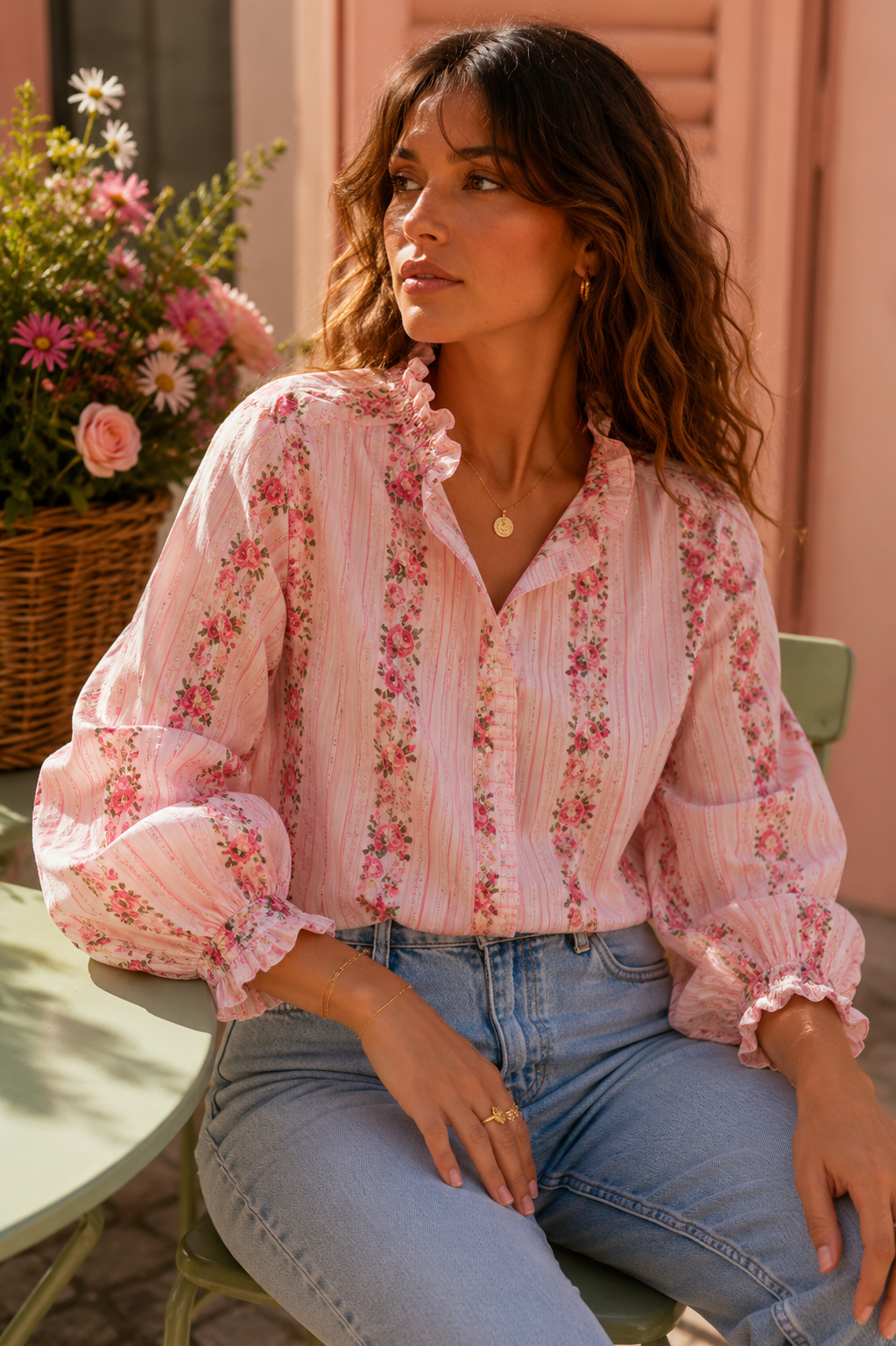 Chemise rose fleurie manches longues LOUNAE