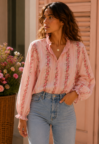 Chemise rose fleurie manches longues LOUNAE
