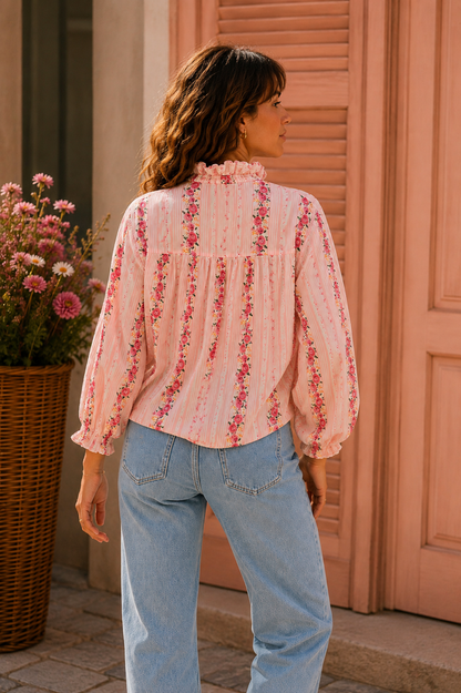Chemise rose fleurie manches longues LOUNAE