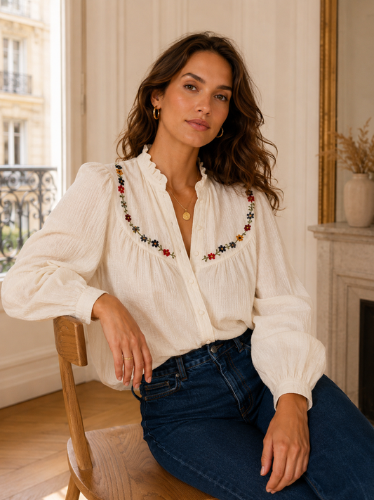 Chemise écrue col festonné brodé LOUNAE