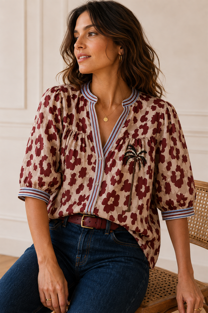 Blouse manches ballon beige et bordeaux LOUNAE