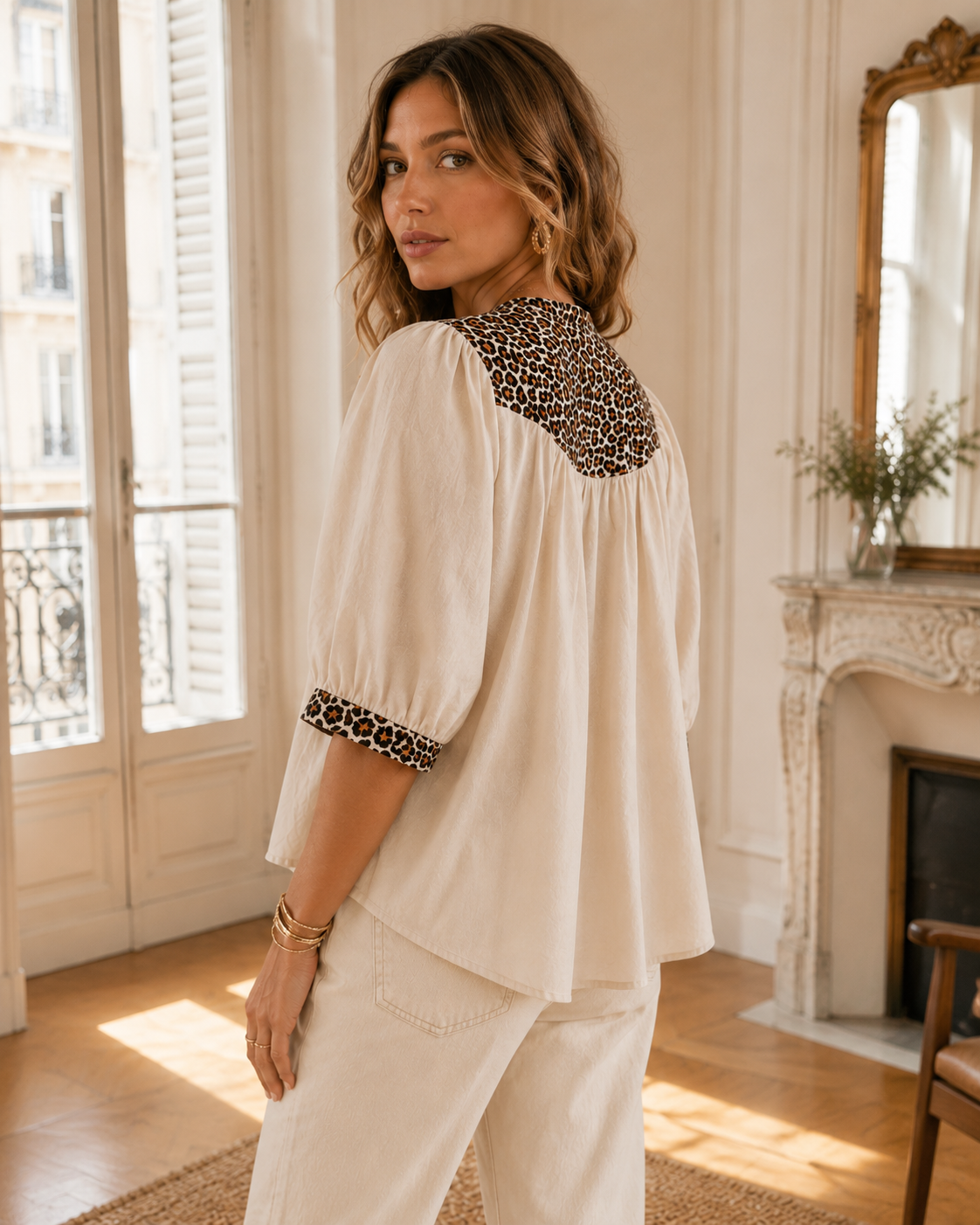 Blouse écrue détails léopard LOUNAE