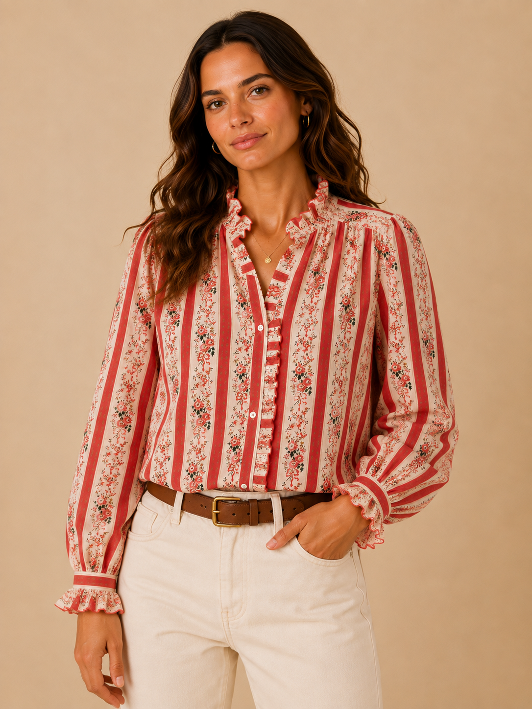 Chemise fleurie corail manches longues LOUNAE
