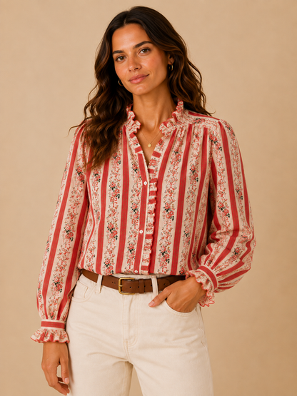 Chemise fleurie corail manches longues LOUNAE